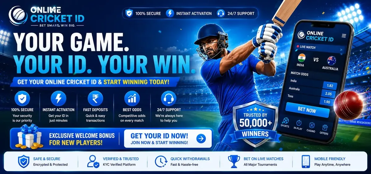 Online Cricket ID hero banner — your game, your ID, your win, with live India vs Australia match odds